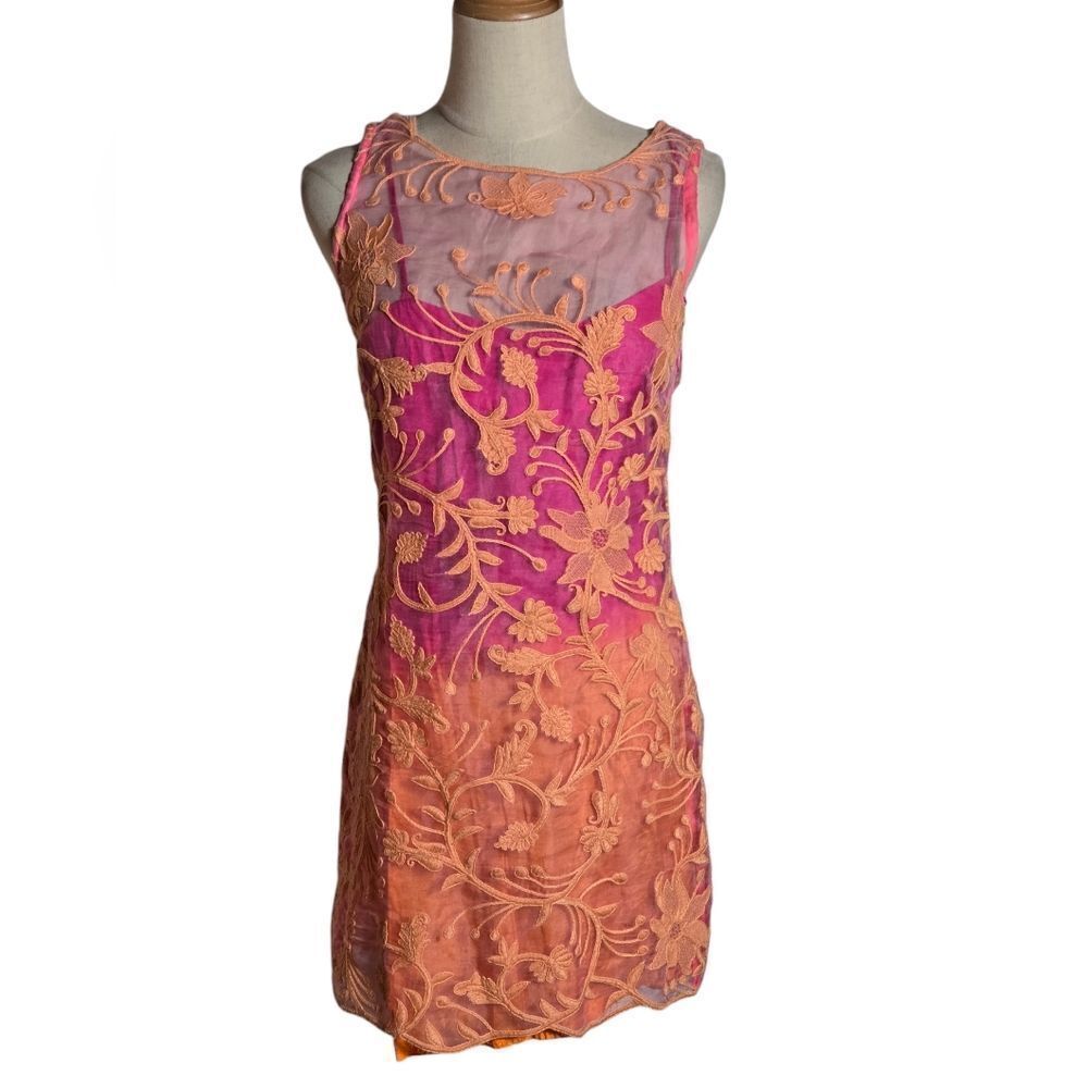 Yoana Baraschi Anthropologie Sheer Pink and Orange Mini Dress